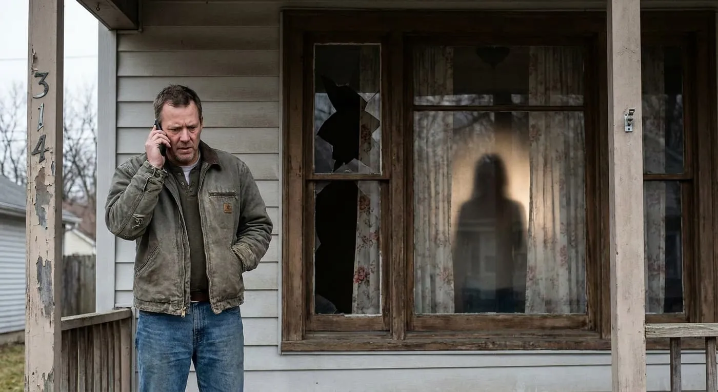 A worried man on a porch talks on his phone beside a window with broken glass and a figure behind the curtains