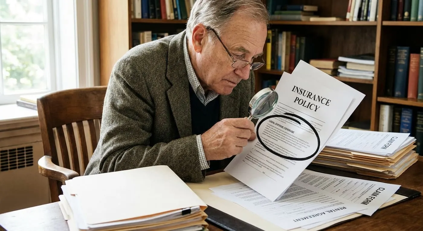 An older man uses a magnifying glass to read a circled section of an Insurance Policy, with claim forms on the desk