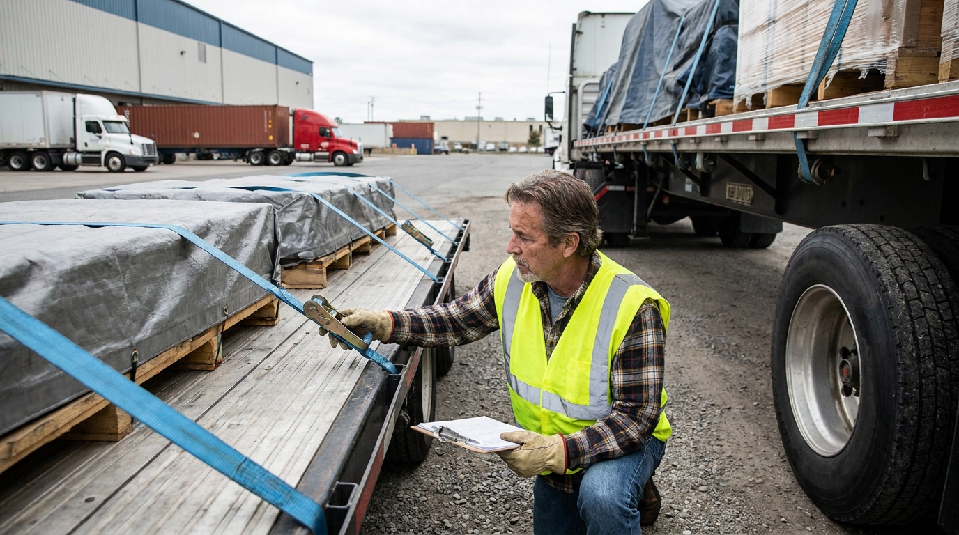 a truck driver in a reflective vest inspecting cargo straps on a flatbed trailer at a distribution yard, with a clipboard in hand