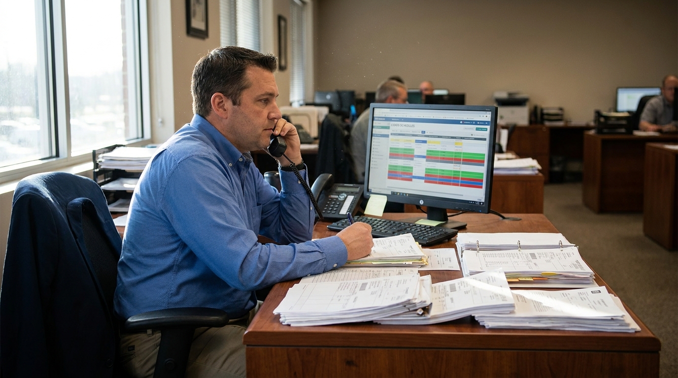 a freight broker at a desk with shipping documents and a computer showing cargo schedules