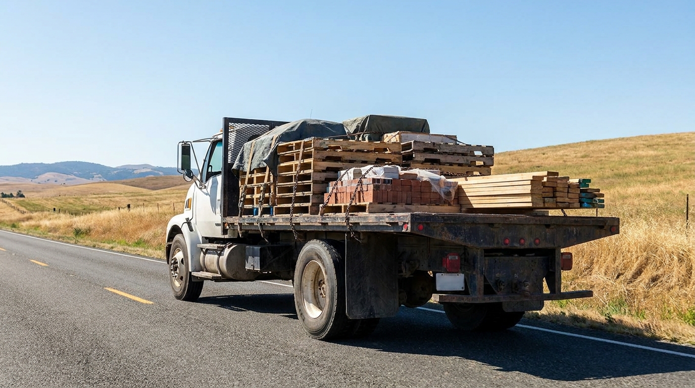 a commercial flatbed truck carrying secured pallets of building materials on a rural highway, with a clear sky and open fields
