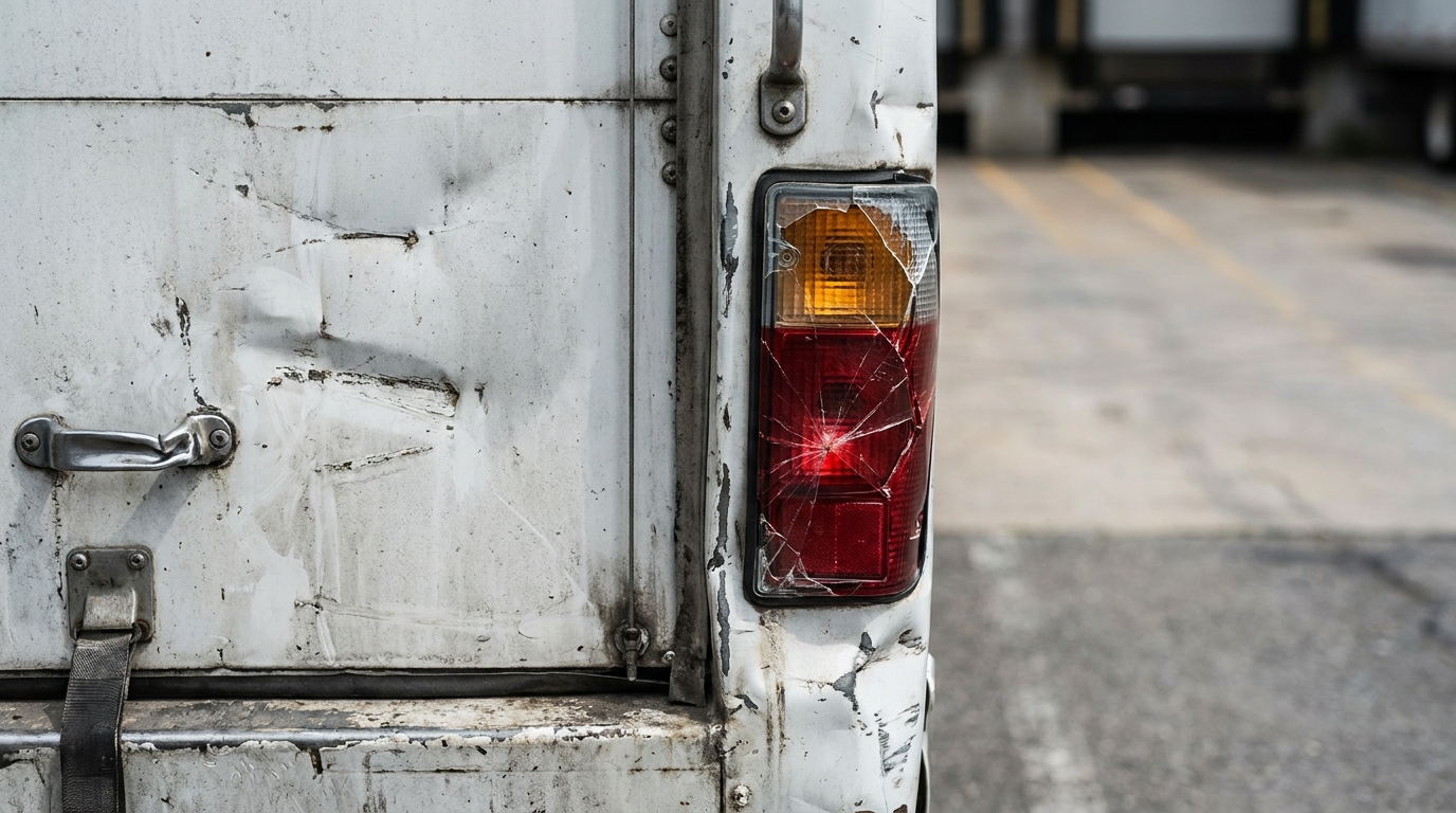 a photo-real description of a close-up of a delivery truck rear door showing collision damage and a cracked tail light