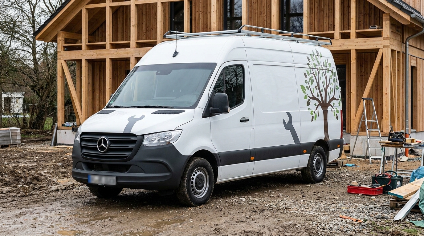 a photo-real description of a commercial van with business branding parked at a job site
