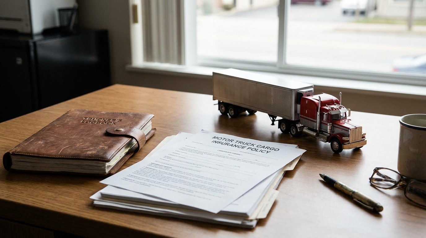 a motor truck cargo insurance policy document beside a trucker's logbook and a model semi-truck on a desk