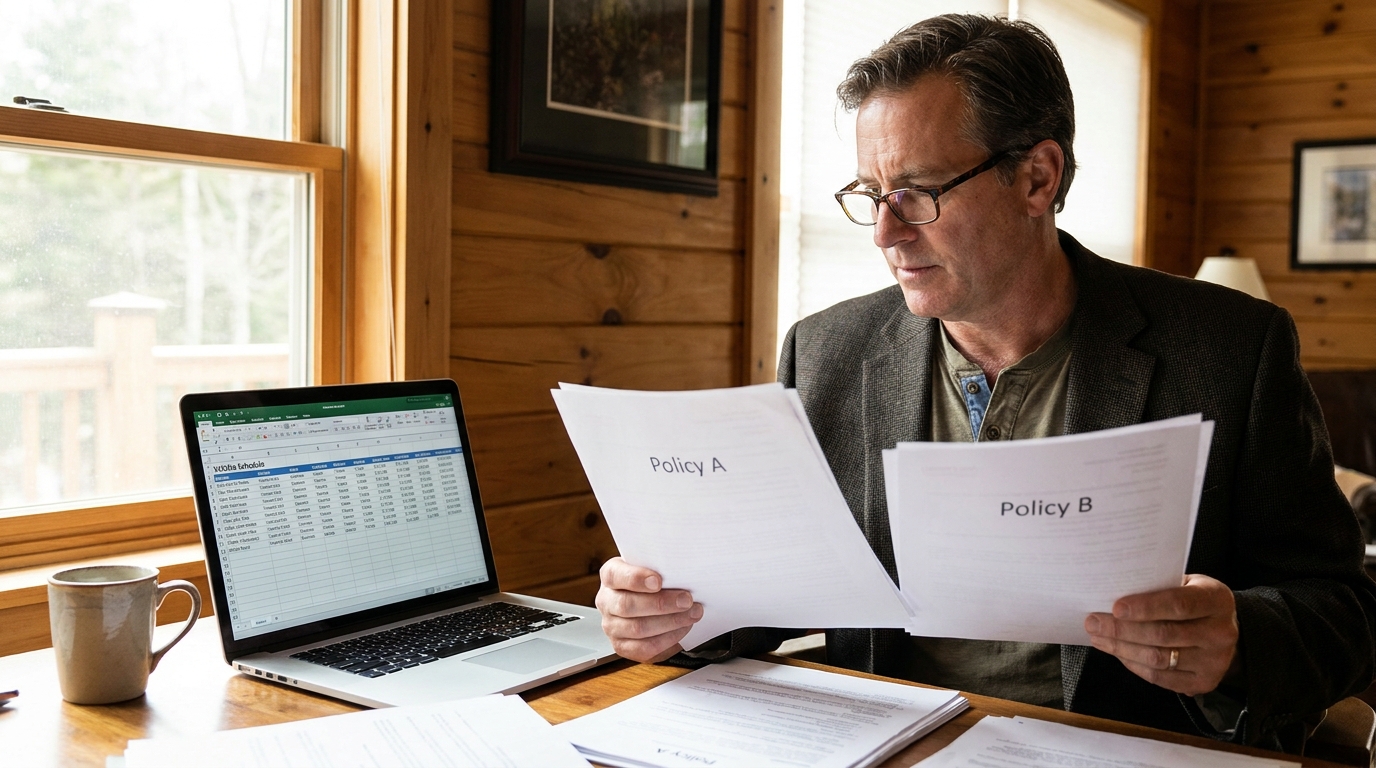 a photo-real description of a business owner comparing two insurance documents at a desk with a laptop showing a vehicle schedule