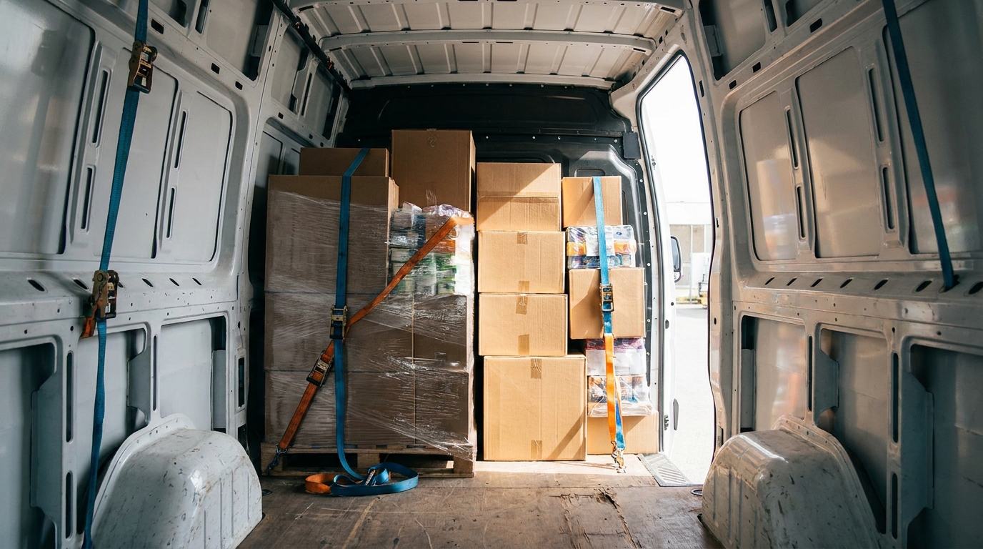 a photo-real description of boxes and packaged goods stacked inside a cargo van, secured with straps